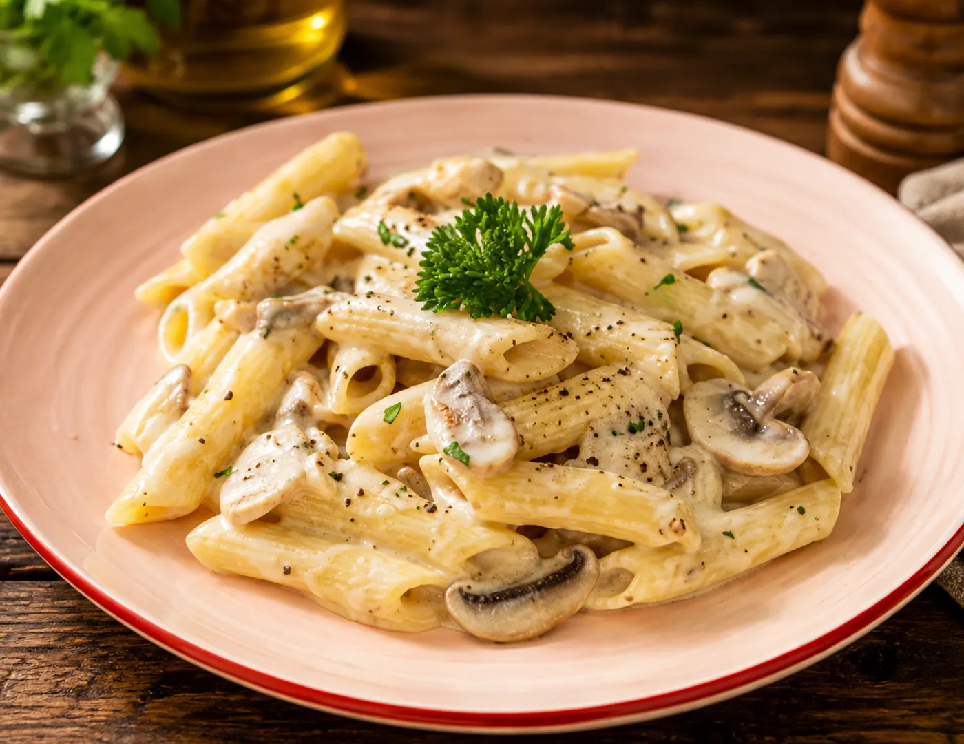 Penne ao Molho Branco com Cubinhos de Frango